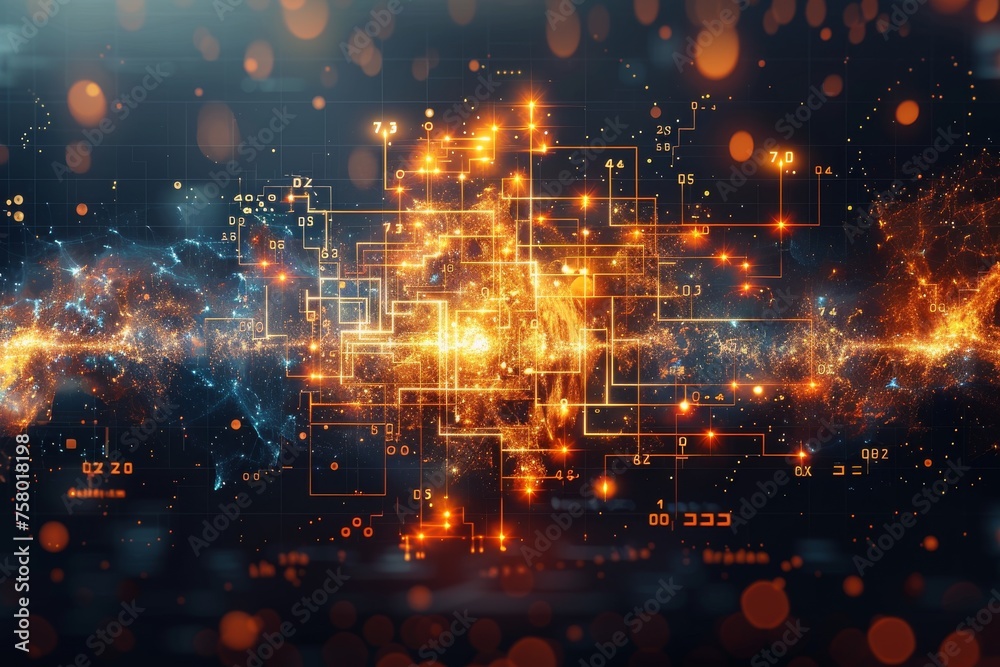 Poster an abstract digital visualization of a network with fiery lines and nodes, reflecting innovation and