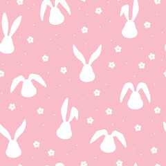 Seamless pattern with rabbits and flowers. Vector illustration. Happy easter.