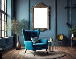 Uma sala aconchegante, com uma janela grande lateral, decorada em azul com poltrona e um quadro em branco na parede.