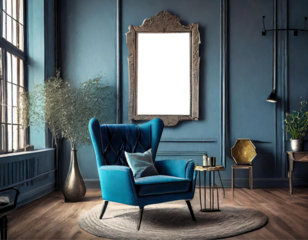 Uma sala aconchegante, com uma janela grande lateral, decorada em azul com poltrona e um quadro em branco na parede.