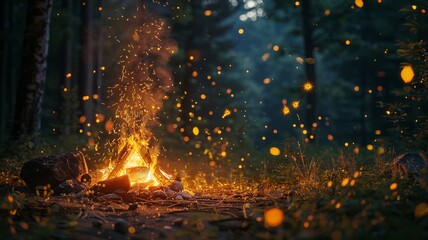 In the heart of the forest, a campfire sends up sparks that mingle with the soft glow of fireflies