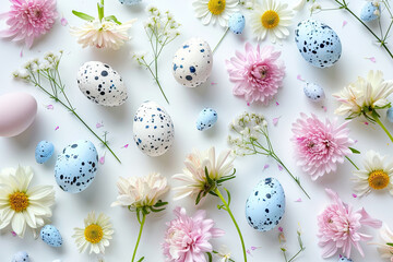 Fototapeta na wymiar top view easter eggs and pastel flowers isolated on white background