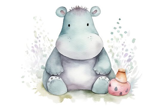 animal Hippo Cute painted Hand Watercolor Illustration