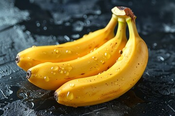 Close-up image of fresh ripe bananas with droplets on dark background, emphasizing texture and freshness