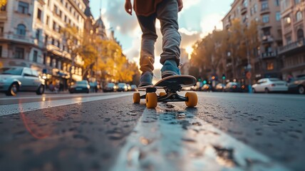Amidst a bustling cityscape, an electric skateboard zips through the streets with grace