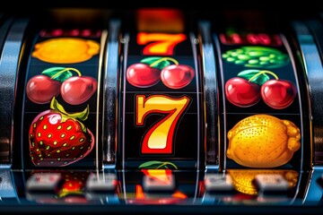 This brightly lit slot machine captures the excitement of gambling, with fruit symbols, lucky sevens, and a glossy look
