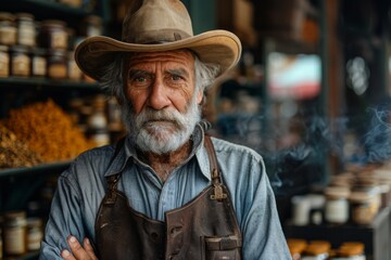 Rugged elderly man with a wise gaze stands confidently in an apothecary full of spices, suggesting a life of craftsmanship - obrazy, fototapety, plakaty