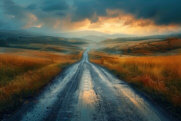 An evocative image of a muddy country road winding through golden fields with a dramatic sunset sky backdrop
