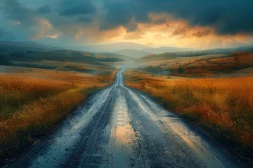 Wall murals Meadow, Swamp An evocative image of a muddy country road winding through golden fields with a dramatic sunset sky backdrop
