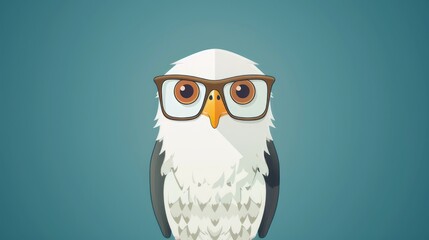 Illustration in flat style, A cute little eagle wearing glasses posed against a studio background