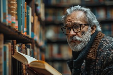 An elderly individual deeply engrossed in reading a book in a library, surrounded by endless shelves of literature - obrazy, fototapety, plakaty