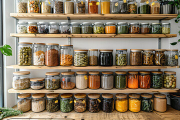 Zero waste storage and organization concept for food ingredients. Variety of raw legumes, seeds, and herbs in glass jars on wooden kitchen shelves.  Design for healthy lifestyle blog, eco-friendly kit