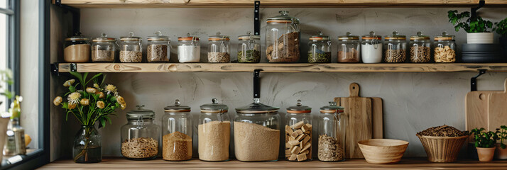 Zero waste storage and organization concept for food ingredients. Variety of raw legumes, seeds, and herbs in glass jars on wooden kitchen shelves.  Design for healthy lifestyle blog, eco-friendly kit