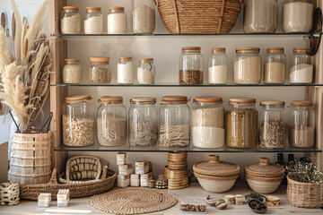 Zero waste storage and organization concept for food ingredients. Variety of raw legumes, seeds,...