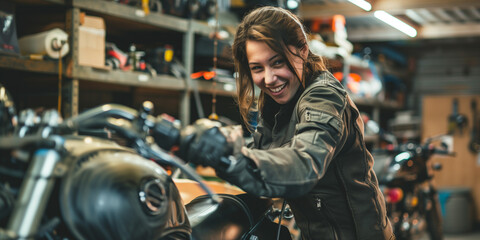 Fototapeta na wymiar Zweiradmechatronikerin repariert ein Motorrad in der Werkstatt