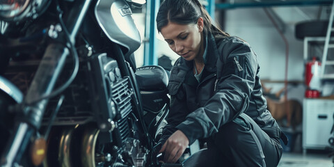 Zweiradmechatronikerin repariert ein Motorrad in der Werkstatt - obrazy, fototapety, plakaty