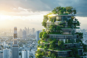 3D rendering of a green building with plants on top and a modern city skyline in the background. A futuristic sustainable architecture concept, skyscrapers in a forest. An eco friendly urban landscape