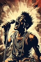 Fototapeta na wymiar Rapper musician singing in to the microphone on stage. Portrait style poster. Ai Generative