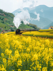 Fototapeta premium Rapeseed flowers and steam train in Jiayang City, Sichuan, China