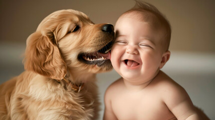 A baby with a joyful and delighted expression while their dog licks their face - obrazy, fototapety, plakaty