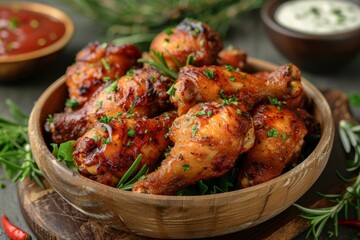 Fototapeta premium Savory grilled chicken drumsticks lying in a rustic bowl garnished with herbs perfect for menu visuals