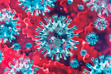 A close up of a pink and purple virus with many other viruses in the background. Virology medicine science background banner - Corona virus, covid, lots of abstract 3d viruses texture