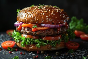 A gourmet style burger served with freshly sliced tomatoes, lettuce, and onions creating a mouth-watering meal