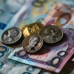 A Close-Up View of Various Currencies Including Coins and Banknotes - obrazy, fototapety, plakaty