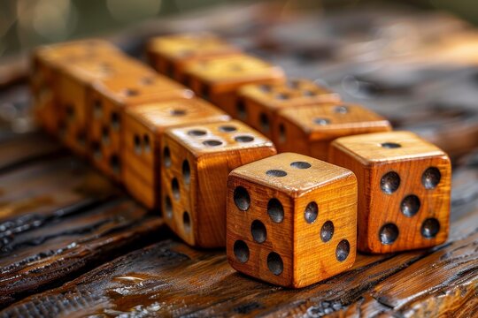 Close-up of wooden dice with visible wood grains captures nostalgia and chance on a textured, natural background