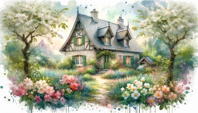 Watercolor painting of a Vintage Countryside Cottage