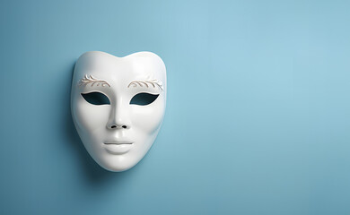 White mask with depressed expression on pastel blue background. - obrazy, fototapety, plakaty