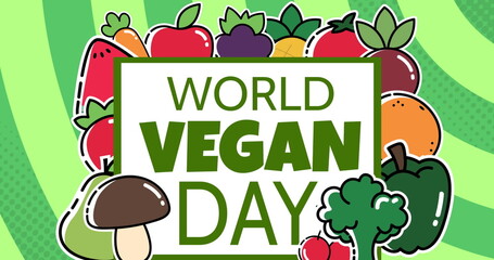 World vegan day text banner with multiple vegetables icons against green spiral background