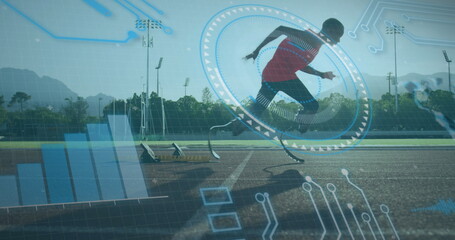 Image of data processing over disabled african american male runner