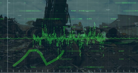 Image of statistical data processing over grid network against crane operating at junkyard