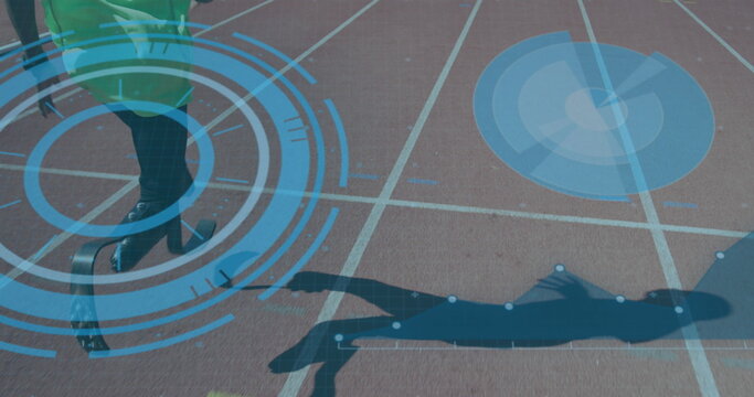 Image of data processing over disabled african american male runner