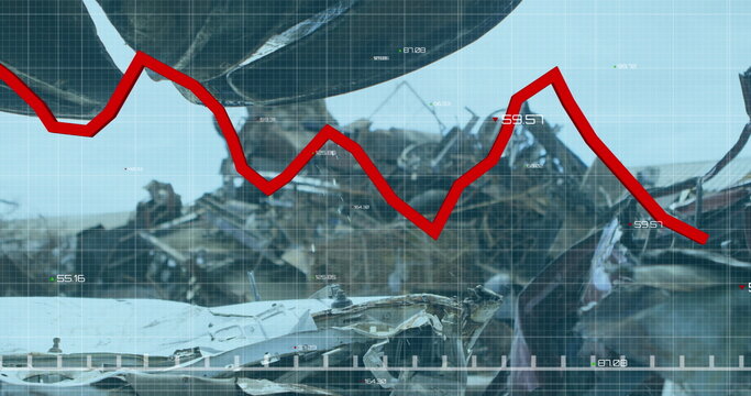 Image of statistical data processing over grid network against crane operating at junkyard - Powered by Adobe