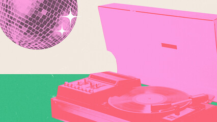 Dual-tone image of disco ball and turntable, with a retro vibe. Poster design for disco and 70s...