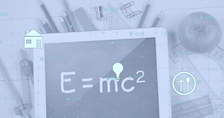 Image of floating icons over digital tablet with equation, stationery and apple on table
