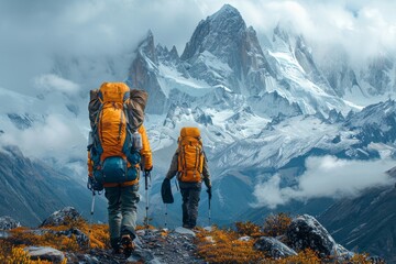 Two adventurers with striking orange backpacks stand before a majestic, snow-covered mountain peak, surrounded by wispy clouds and rugged terrain - obrazy, fototapety, plakaty
