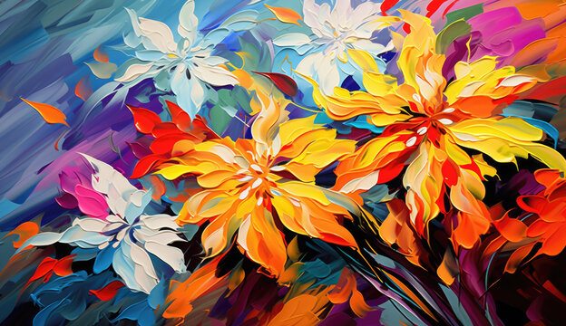 Vibrant floral explosion in mesmerizing hues; orange, blue, and pink petals swirling in an abstract dance.