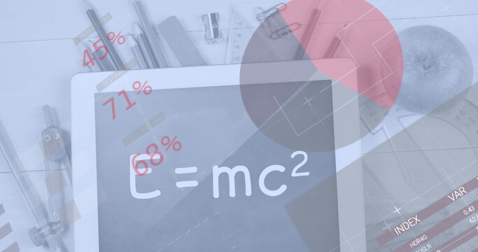 Image of digital infographic interface over digital tablet with equation, stationery and apple