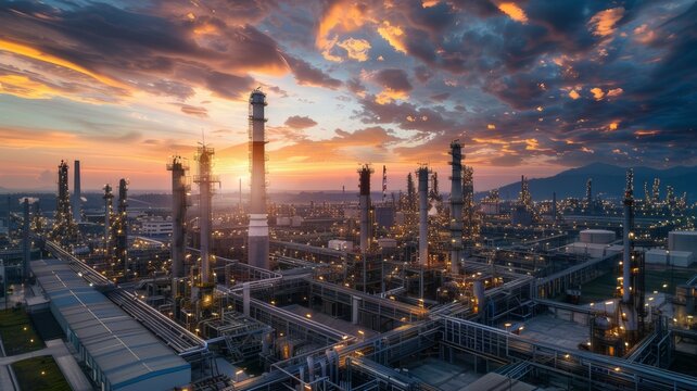 Industrial view: oil refinery in the morning under clouds and sun rays