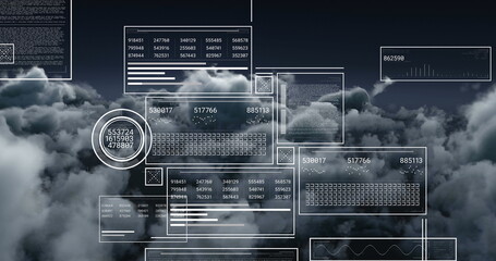 Image of data processing over sky with clouds