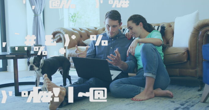 Image of numbers changing over caucasian couple using laptop