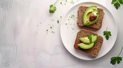 keto bread with avocado, elegantly served on a white plate atop a pristine table against a white wall backdrop, photographed from above, creating a perfect composition with ample space for text.