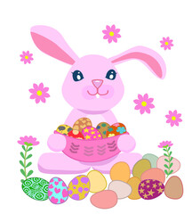 A pink rabbit carries a basket of many cute colorful Easter eggs in a field of flowers.