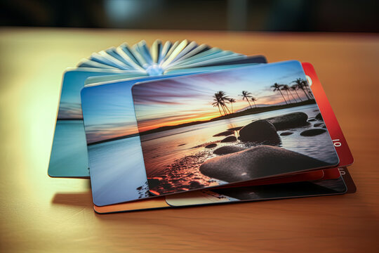 A stack of cards with a beach scene on them, sense of relaxation and tranquility
