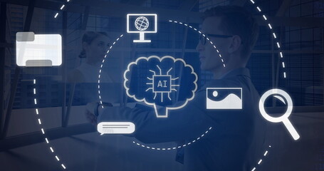 Image of ai data processing and icons over blue background