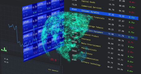 Image of financial data processing and statistics over globe