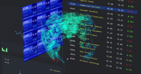 Image of financial data processing and statistics over globe